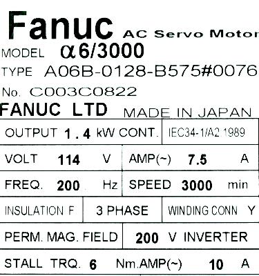 Fanuc A06B-0128-B575-0076 label image