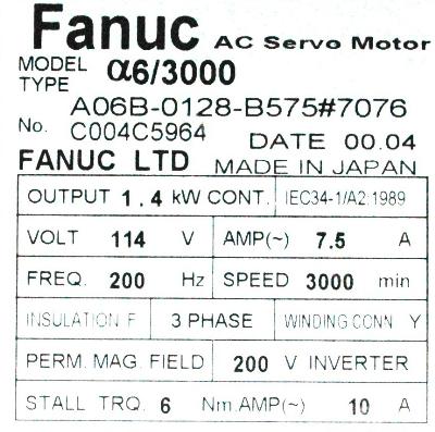 Fanuc A06B-0128-B575-7076 label image