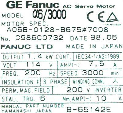 New Refurbished Exchange Repair  Fanuc Motors-AC Servo A06B-0128-B675-7008 Precision Zone