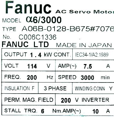 Fanuc A06B-0128-B675-7076 label image