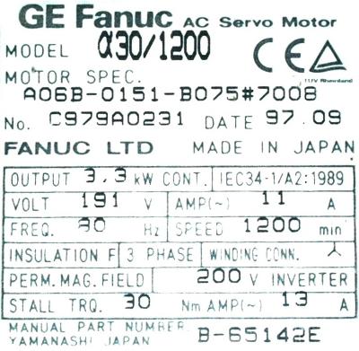 New Refurbished Exchange Repair  Fanuc Motors-AC Servo A06B-0151-B075-7008 Precision Zone