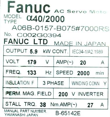 Fanuc A06B-0157-B075-7000 label image