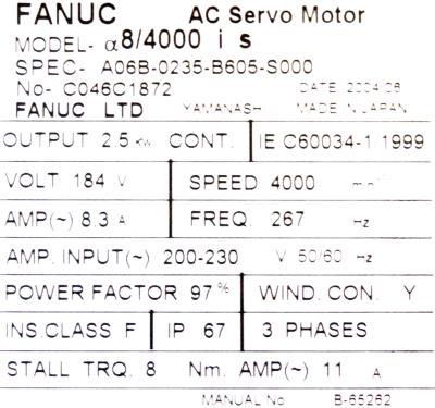 Fanuc A06B-0235-B605-S000 label image
