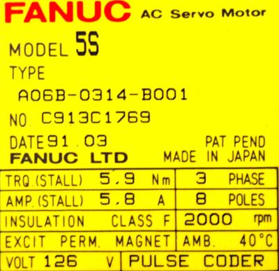 New Refurbished Exchange Repair  Fanuc Motors-AC Servo A06B-0314-B001 Precision Zone