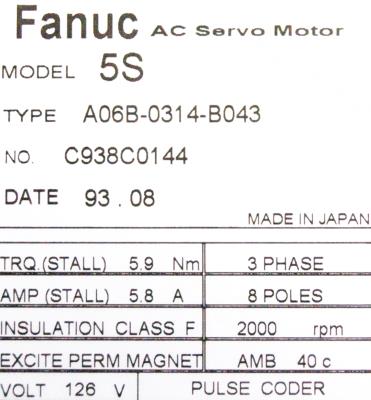 Fanuc A06B-0314-B043 label image