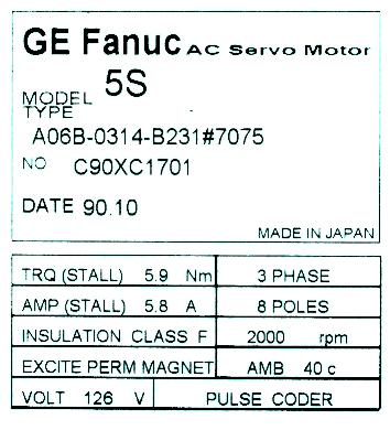 Fanuc A06B-0314-B231-7075 label image