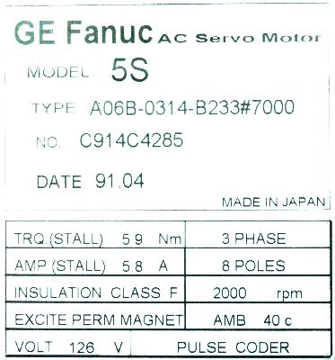 Fanuc A06B-0314-B233-7000 label image