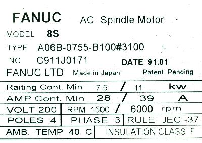 Fanuc A06B-0755-B100-3100 label image