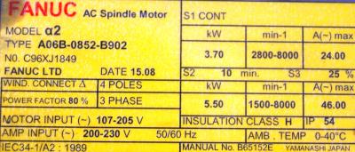 Fanuc A06B-0852-B902 label image