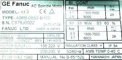 Fanuc A06B-0853-B100 label image