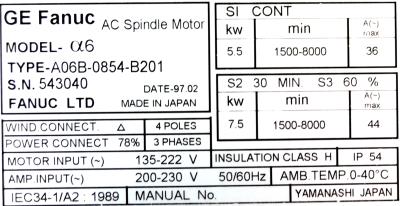 Fanuc A06B-0854-B201 label image