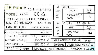 Fanuc A06B-0868-B390-3000 label image