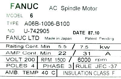 Fanuc A06B-1006-B100 label image