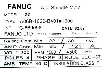 Fanuc A06B-1022-B401-1000 label image
