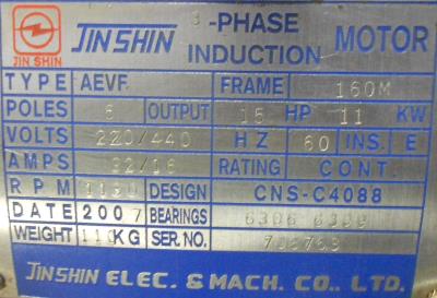 New Refurbished Exchange Repair  Jin Shin Electric and Machinery Co LTD Motors-General Purpose AEVF-160M-15-1130 Precision Zone