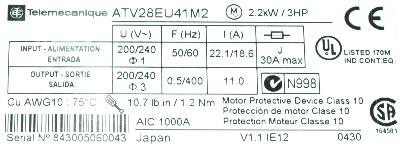 Telemecanique ATV28EU41M2 label image