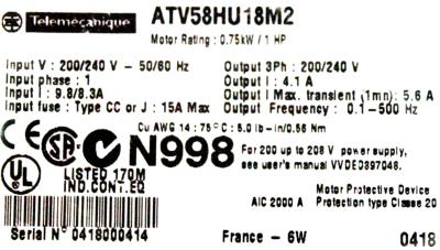 Telemecanique ATV58HU18M2ZU label image