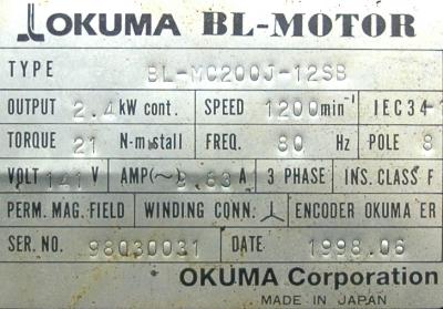 New Refurbished Exchange Repair  Okuma Motors-AC Servo BL-MC200J-12SB Precision Zone