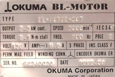 New Refurbished Exchange Repair  Okuma Motors-AC Servo BL-MC75E-30T Precision Zone