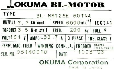 New Refurbished Exchange Repair  Okuma Motors-AC Servo BL-MS125E-60TNA Precision Zone