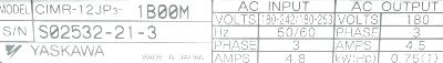 Yaskawa CIMR-12JP3-1BOOM label image