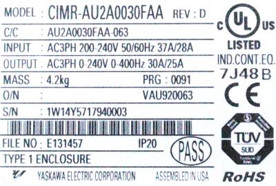 Yaskawa CIMR-AU2A0030FAA label image