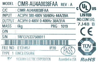 Yaskawa CIMR-AU4A0038FAA label image