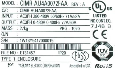 Yaskawa CIMR-AU4A0072FAA label image
