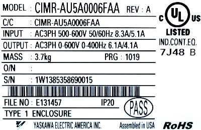 Yaskawa CIMR-AU5A0006FAA label image
