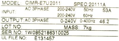 Yaskawa CIMR-E7U2011 label image