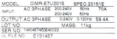 Yaskawa CIMR-E7U2015 label image