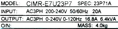 Yaskawa CIMR-E7U23P7 label image