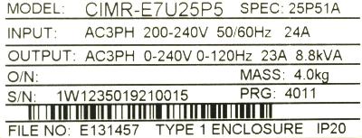Yaskawa CIMR-E7U25P5 label image