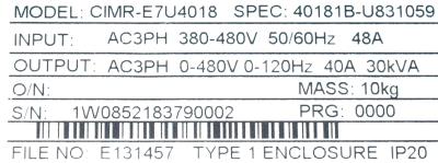 Yaskawa CIMR-E7U4018 label image