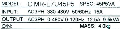 Yaskawa CIMR-E7U45P5 label image