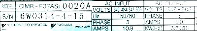 Yaskawa CIMR-F37AS3-0020A label image