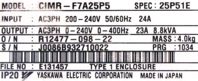 Yaskawa CIMR-F7A25P5 label image