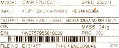 Yaskawa CIMR-F7U2022 label image
