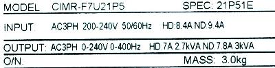 Yaskawa CIMR-F7U21P5 label image