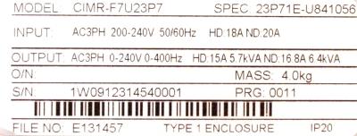 Yaskawa CIMR-F7U23P7 label image