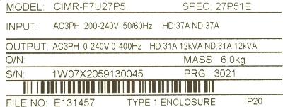 Yaskawa CIMR-F7U27P5 label image