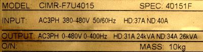 Yaskawa CIMR-F7U4015 label image