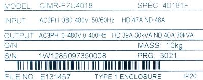 Yaskawa CIMR-F7U4018 label image