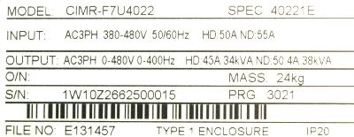 Yaskawa CIMR-F7U4022 label image