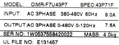 Yaskawa CIMR-F7U43P7 label image