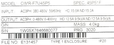 Yaskawa CIMR-F7U45P5 label image