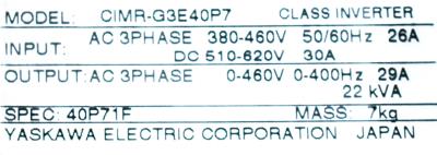 Yaskawa CIMR-G3E40P7 label image