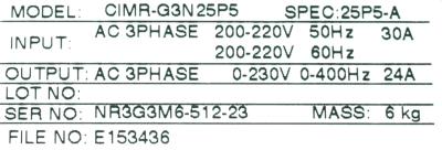 Yaskawa CIMR-G3N25P5 label image