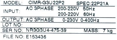 Yaskawa CIMR-G3U22P2 label image