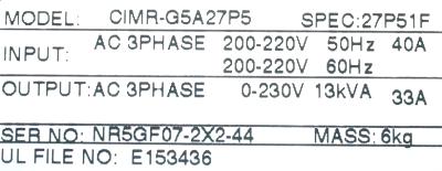 Yaskawa CIMR-G5A27P5 label image